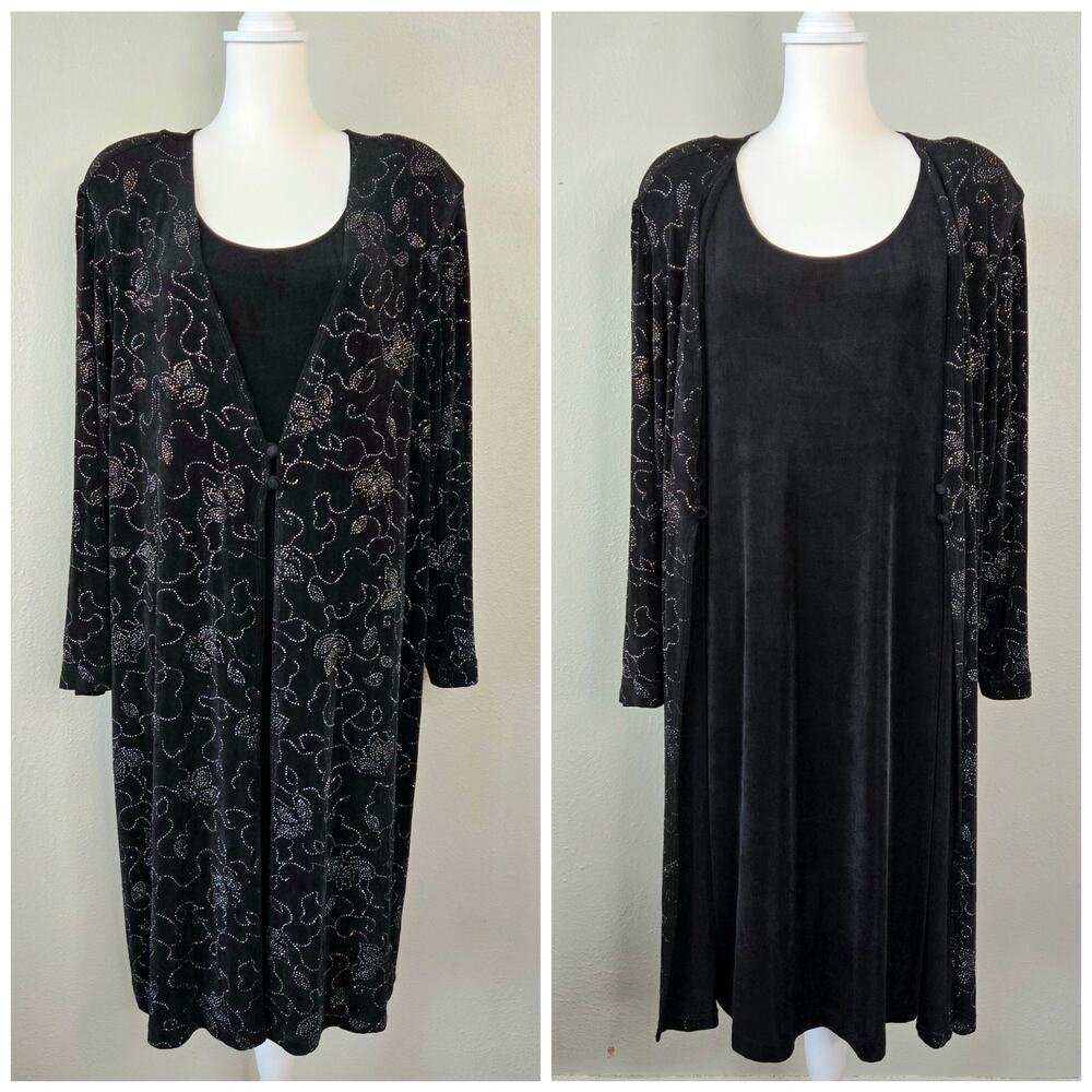 Vintage 90s Slinky Liquid Knit Shimmery Floral Layered Dress 24P Black Sparkle